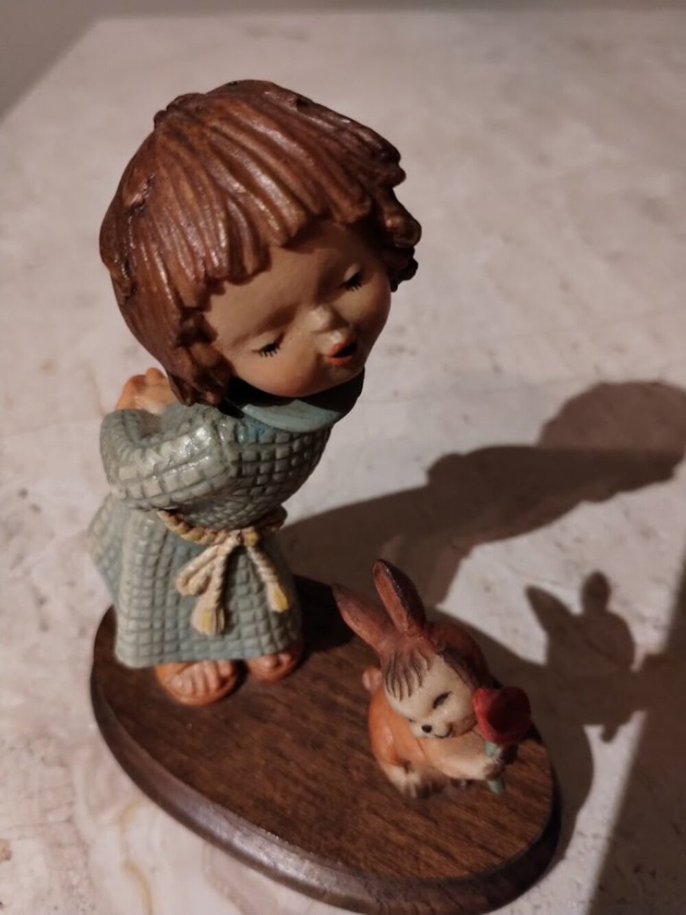 Vintage Anri Signed by Ferrandiz Figurine of Girl & Rabbit Offering a Rose